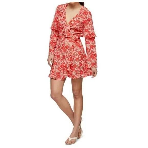 Topshop V-Neck Ruffled Floral Wrap Mini Dress Size 6 in Red Print NWT - Picture 3 of 6
